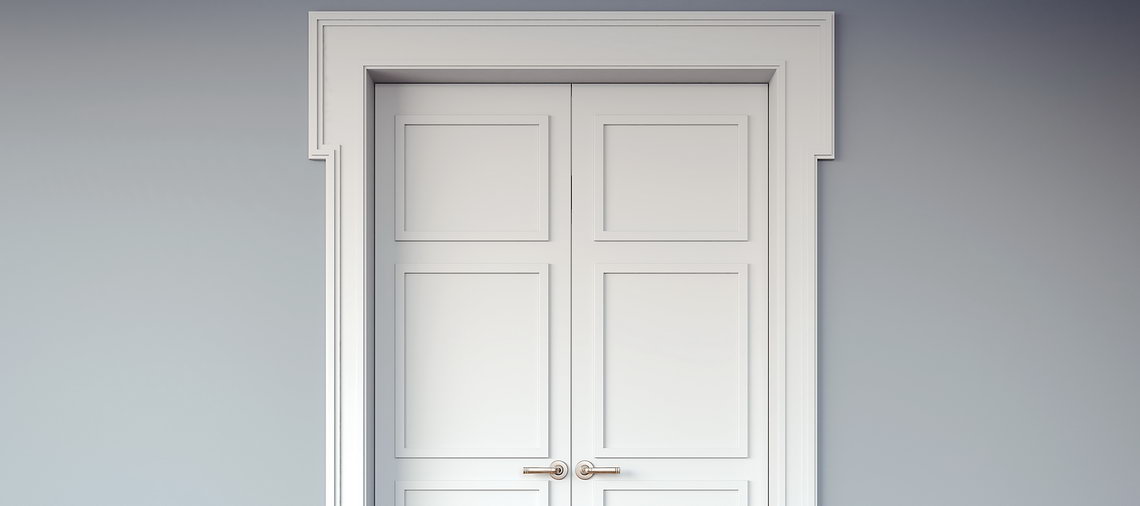 white door with white trim blue wall
